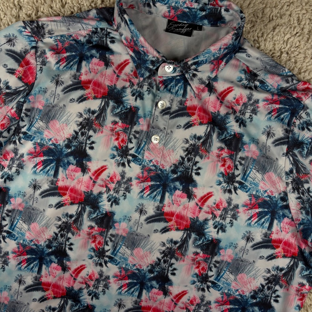 Sunday‎ Swagger Mens Polo Large Multi Color Palm Tree Floral Performance Golf